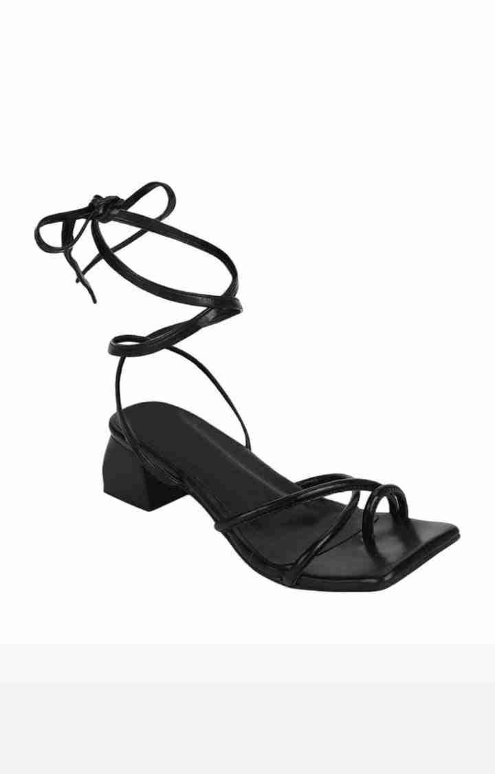 Truffle Collection | Women's Black PU Solid Lace-Up Sandals 0