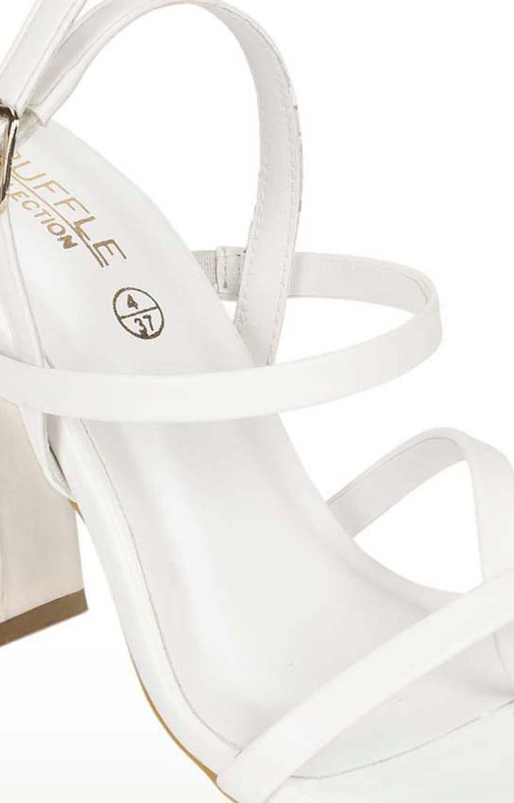 Truffle Collection | Women's White PU Solid Buckle Block Heels 4