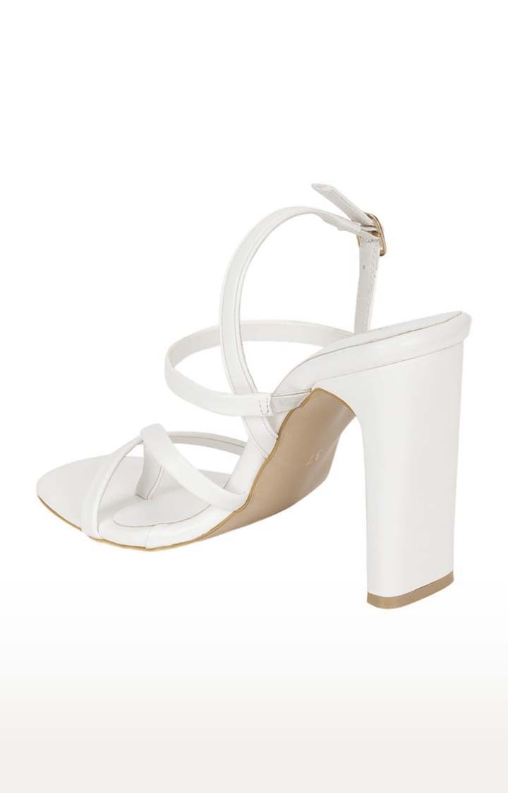 Truffle Collection | Women's White PU Solid Buckle Block Heels 2