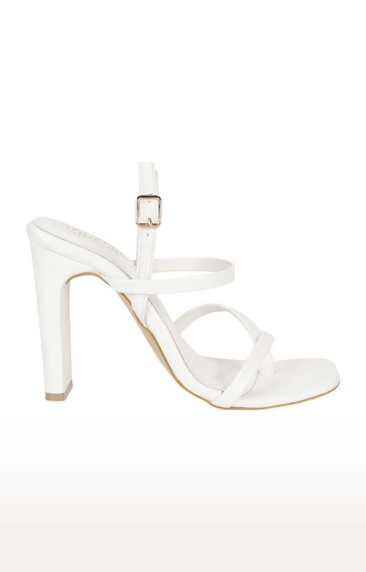 Truffle Collection | Women's White PU Solid Buckle Block Heels 1