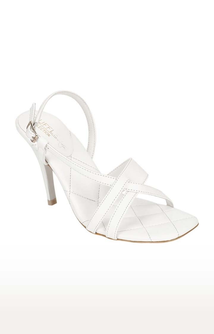 Truffle Collection | Women's White PU Quilted Buckle Stilettos