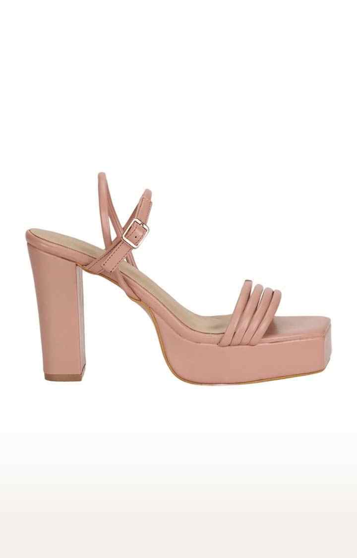Women's Beige PU Solid Buckle Block Heels