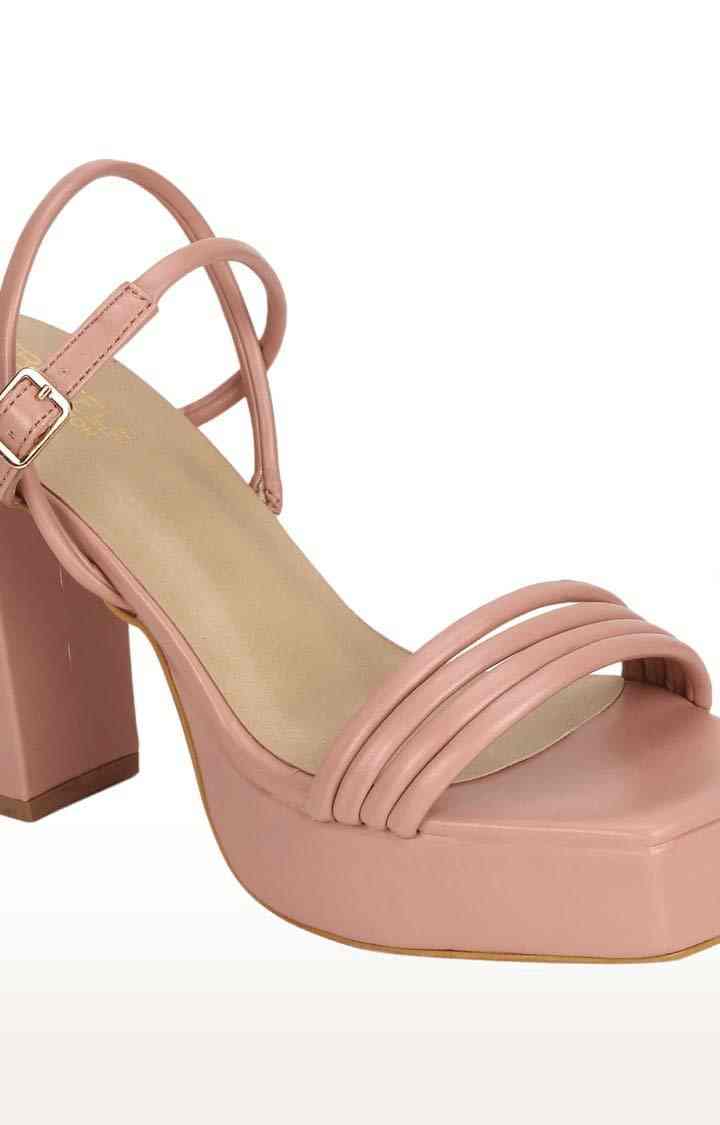 Women's Beige PU Solid Buckle Block Heels