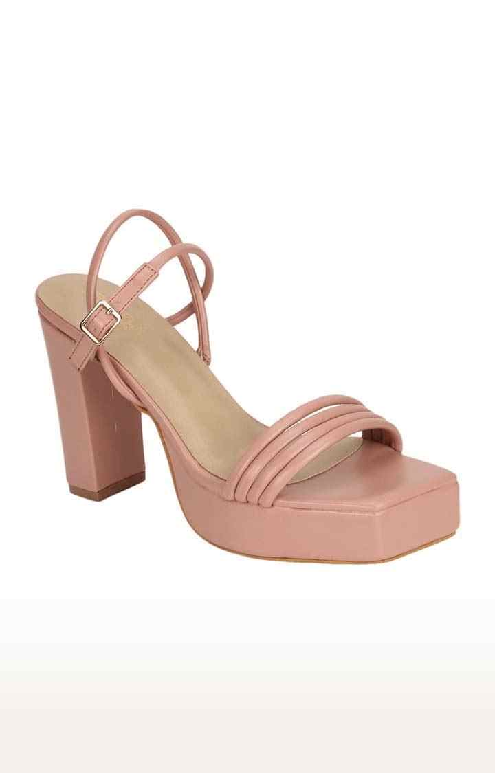 Women's Beige PU Solid Buckle Block Heels