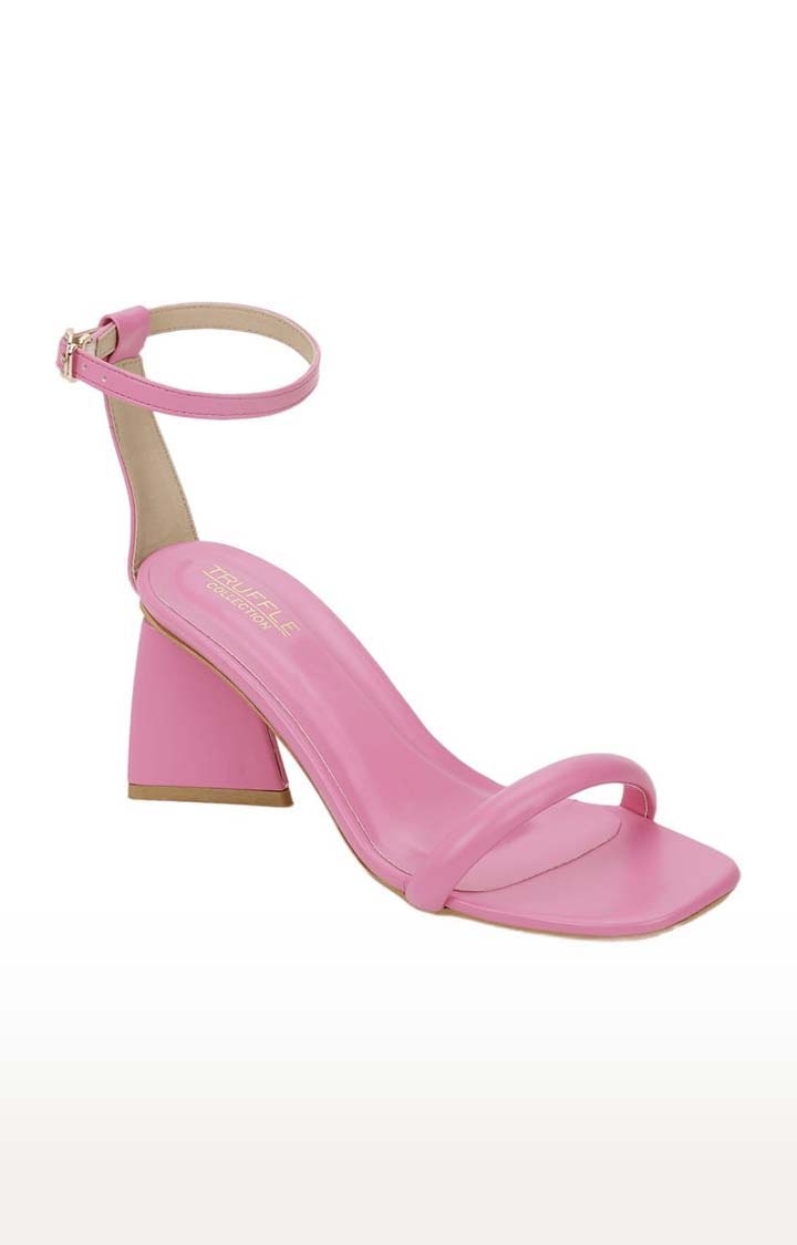 Truffle Collection | Women's Pink PU Solid Buckle Block Heels