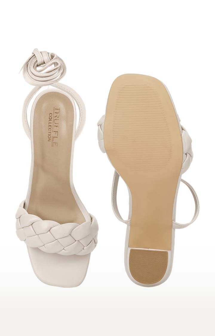 Truffle Collection | Women's Beige PU Quilted Lace up Block Heels 3