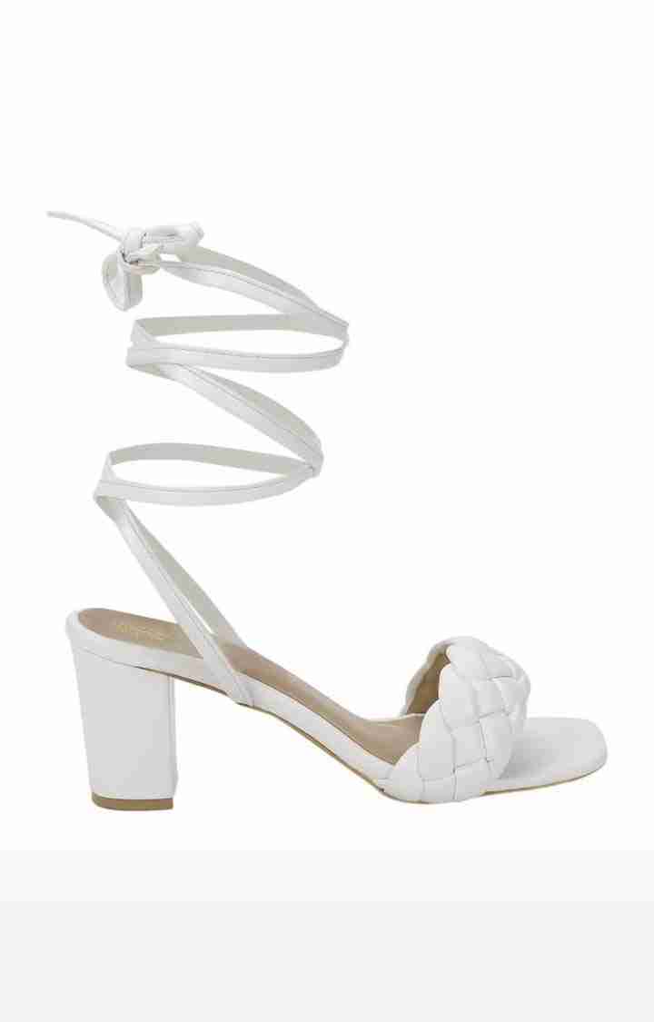 Women's White PU Solid Lace up Block Heels