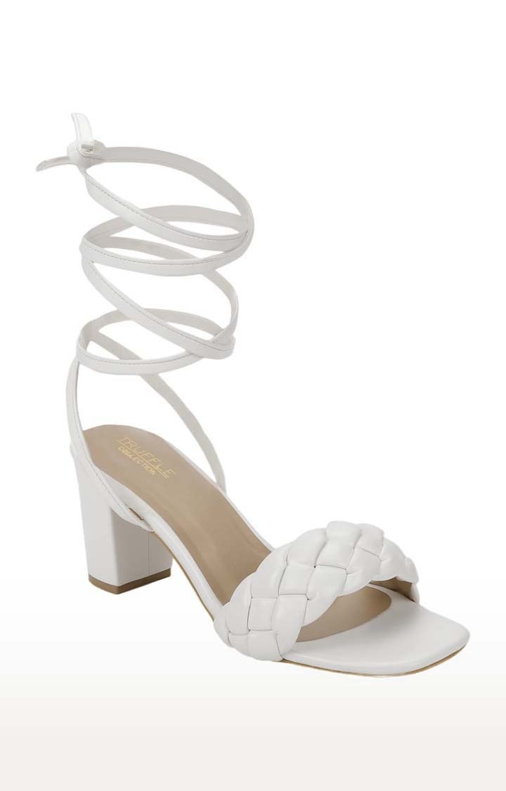 Truffle Collection | Women's White PU Solid Lace up Block Heels