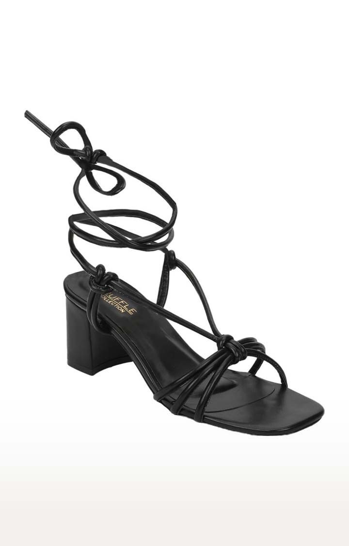 Truffle Collection | Women's Black PU Solid Lace up Block Heels 0