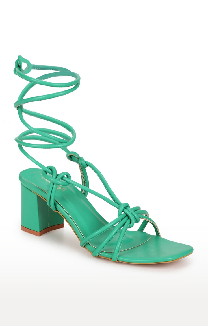 Truffle Collection | Women's Green PU Lace-Up Block Heels
