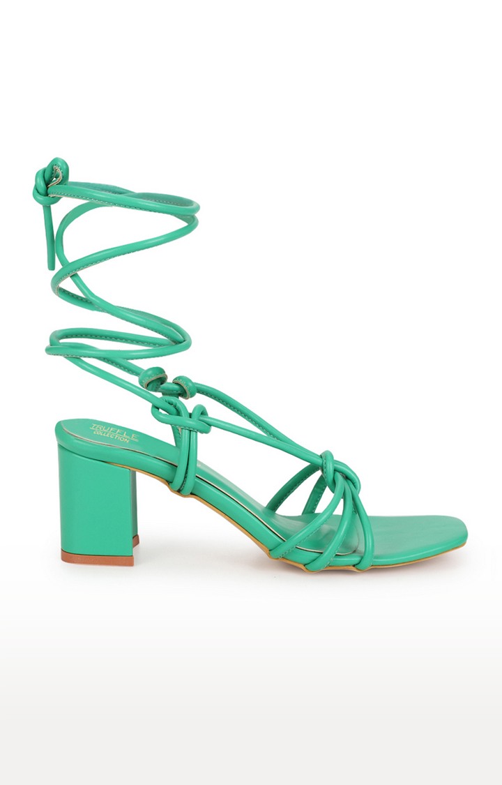 Women's Green PU Lace-Up Block Heels