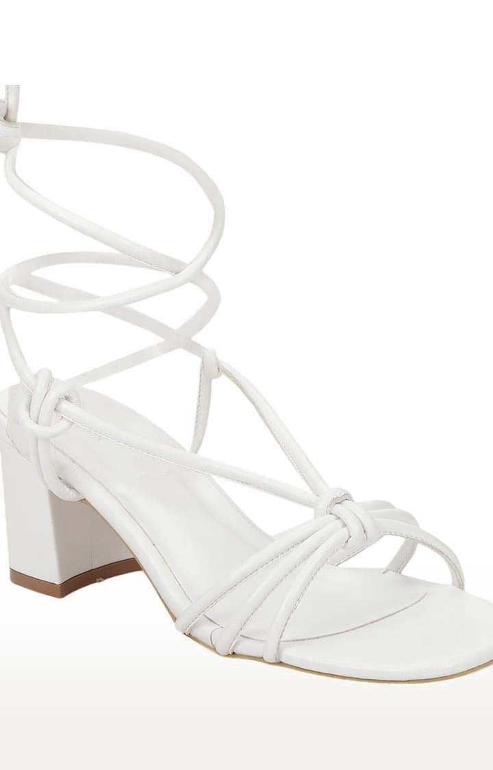 Truffle Collection | Women's White PU Solid Lace up Block Heels 4