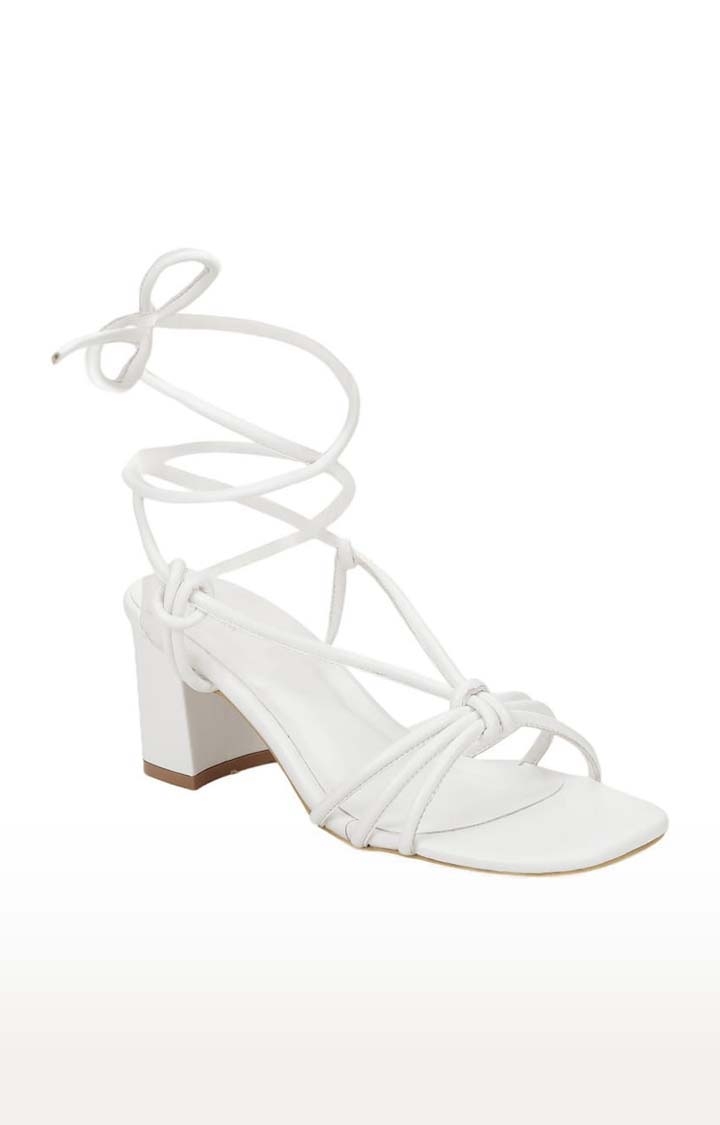Truffle Collection | Women's White PU Solid Lace up Block Heels 0