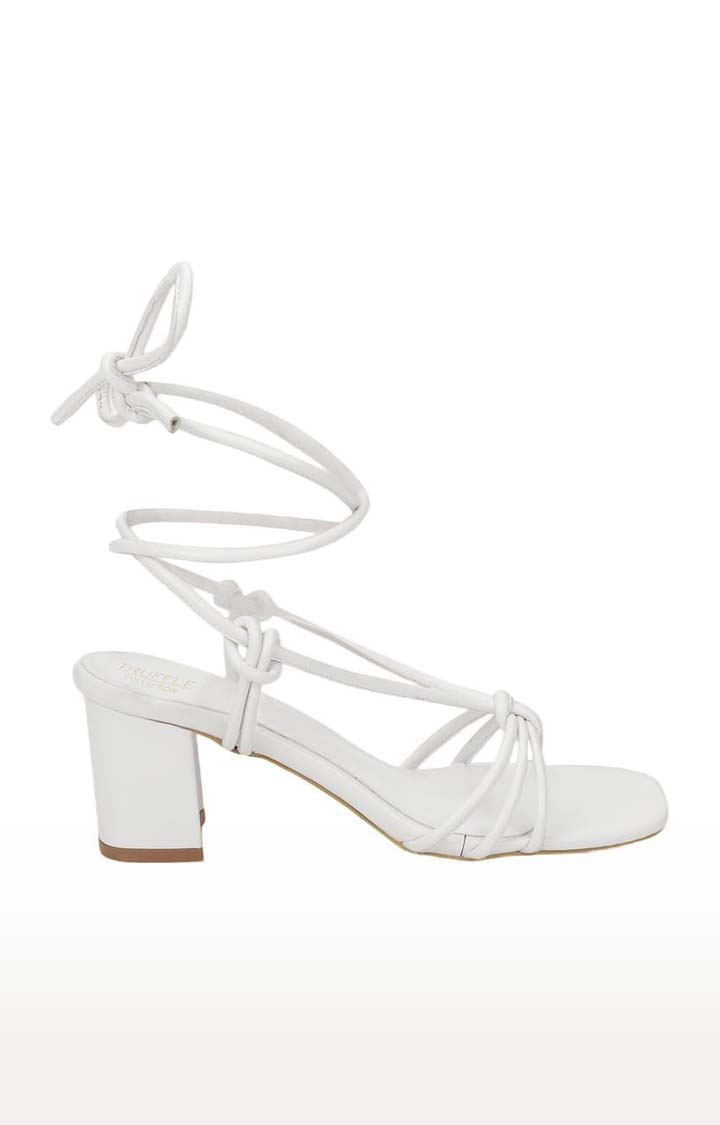 Truffle Collection | Women's White PU Solid Lace up Block Heels 1