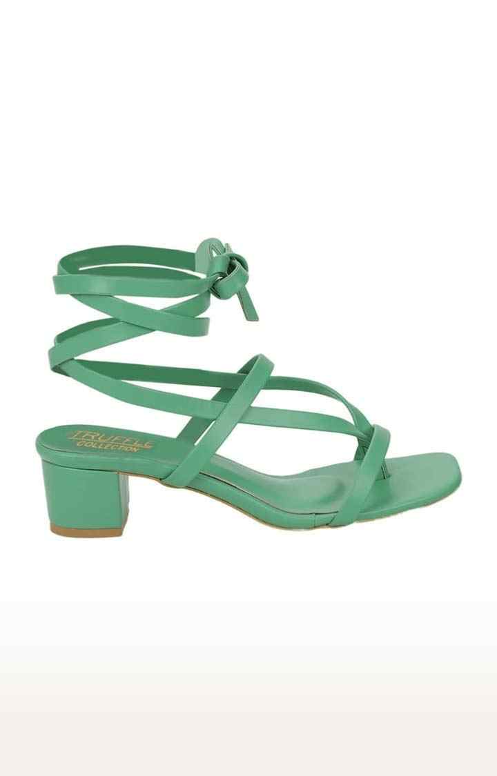 Women's Green PU Solid Drawstring Block Heels