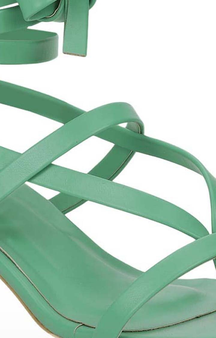 Women's Green PU Solid Drawstring Block Heels