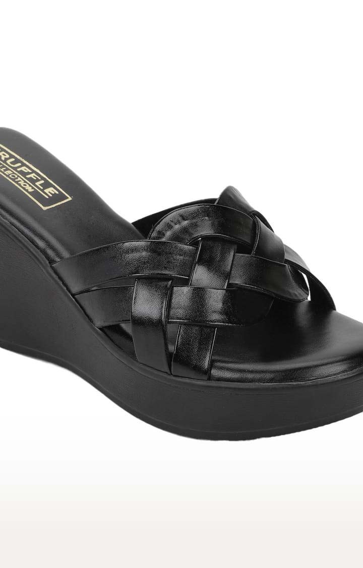 Women's Black PU Solid Slip On Wedges