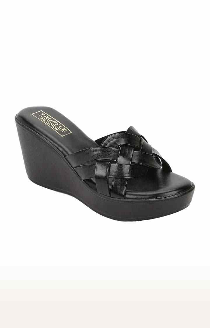 Women's Black PU Solid Slip On Wedges