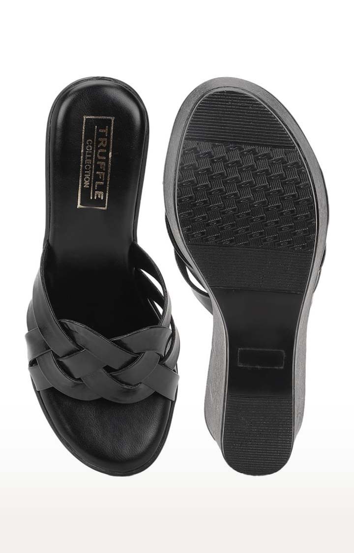 Women's Black PU Solid Slip On Wedges