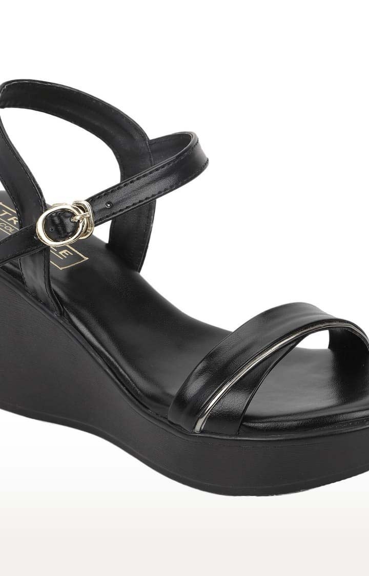 Truffle Collection | Women's Black PU Solid Buckle Wedges 4
