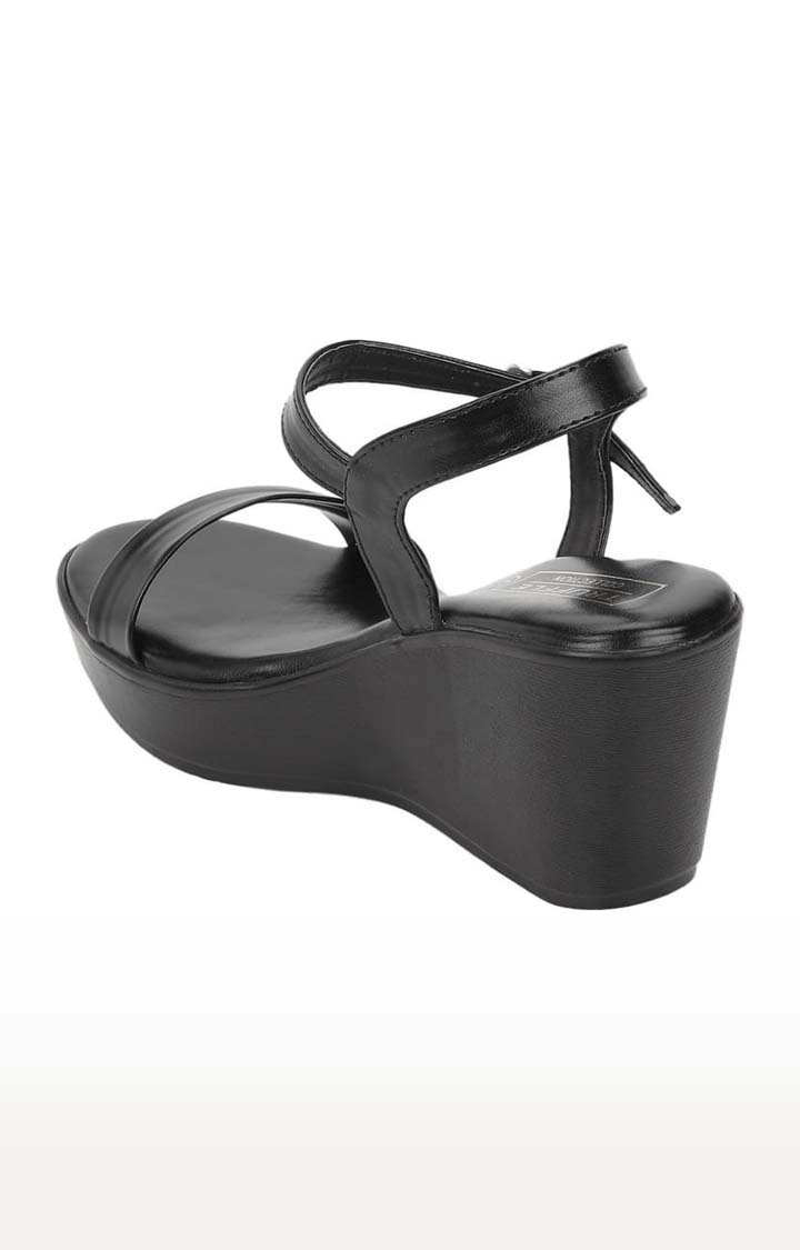 Truffle Collection | Women's Black PU Solid Buckle Wedges 2