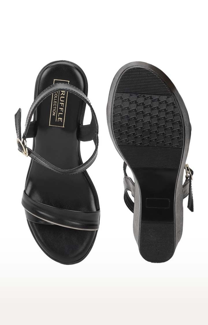 Truffle Collection | Women's Black PU Solid Buckle Wedges 3