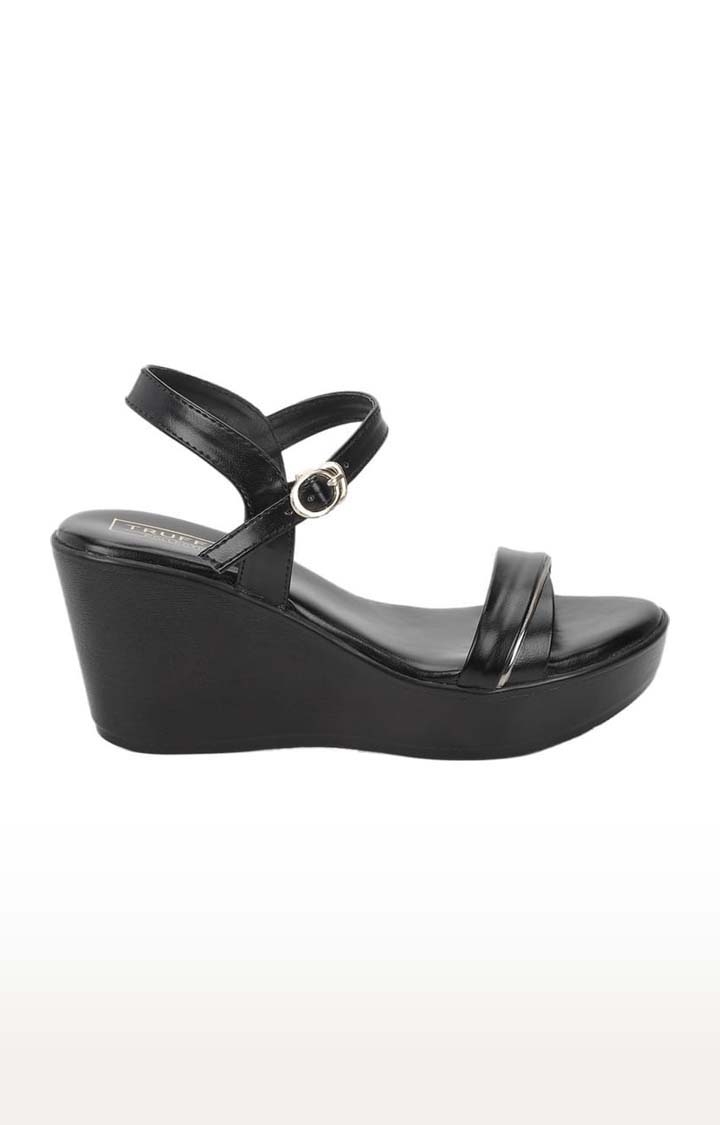 Truffle Collection | Women's Black PU Solid Buckle Wedges 1