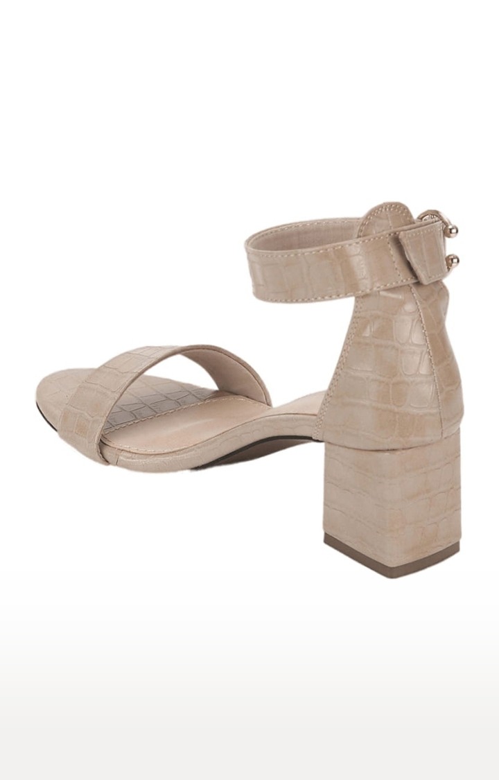 Women's Beige PU Textured Buckle Block Heels
