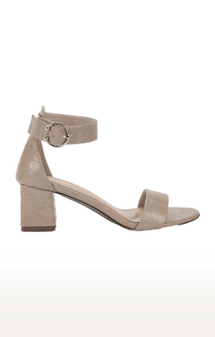 Women's Beige PU Textured Buckle Block Heels