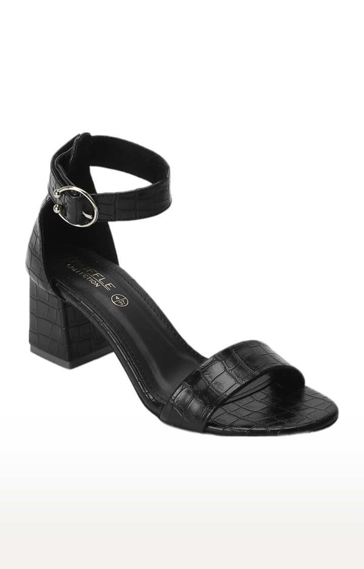 Truffle Collection | Women's Black PU Textured Buckle Block Heels