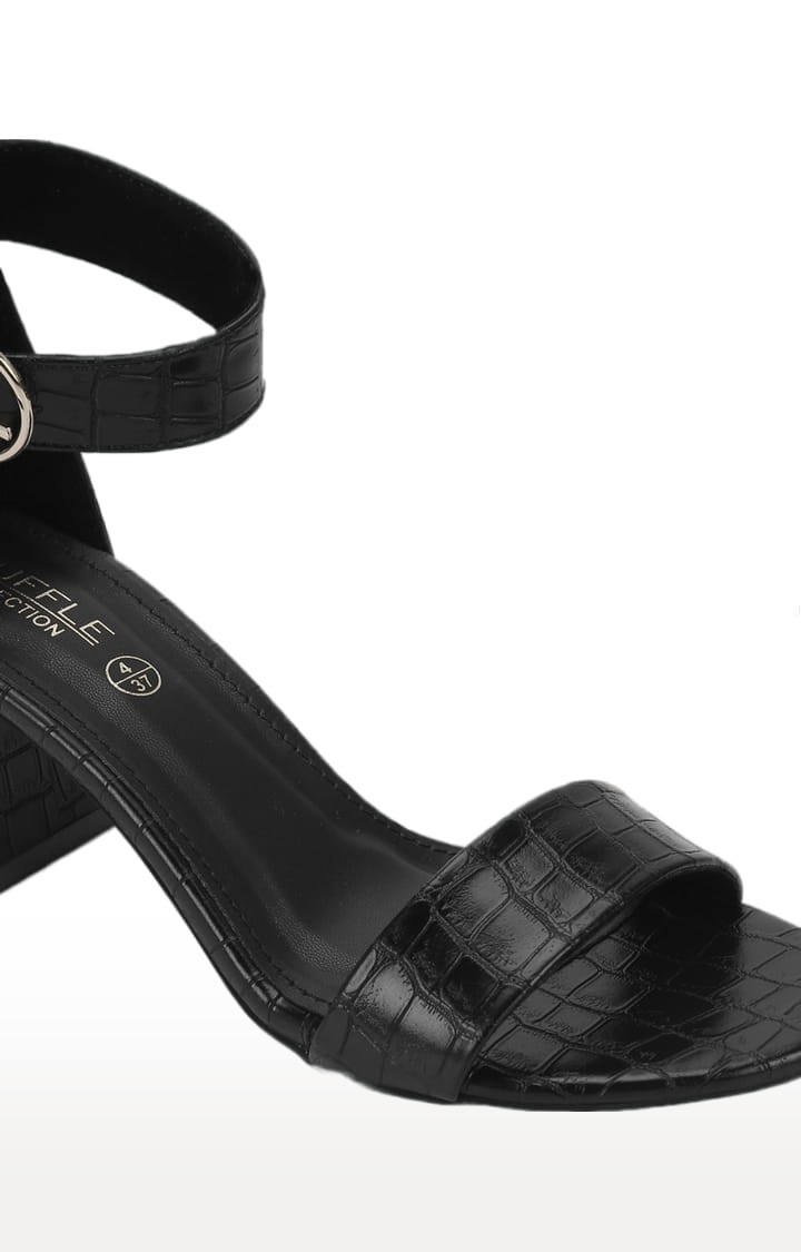 Truffle Collection | Women's Black PU Textured Buckle Block Heels 4