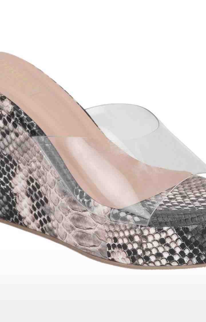 Women's Black PU Printed Slip On Wedges