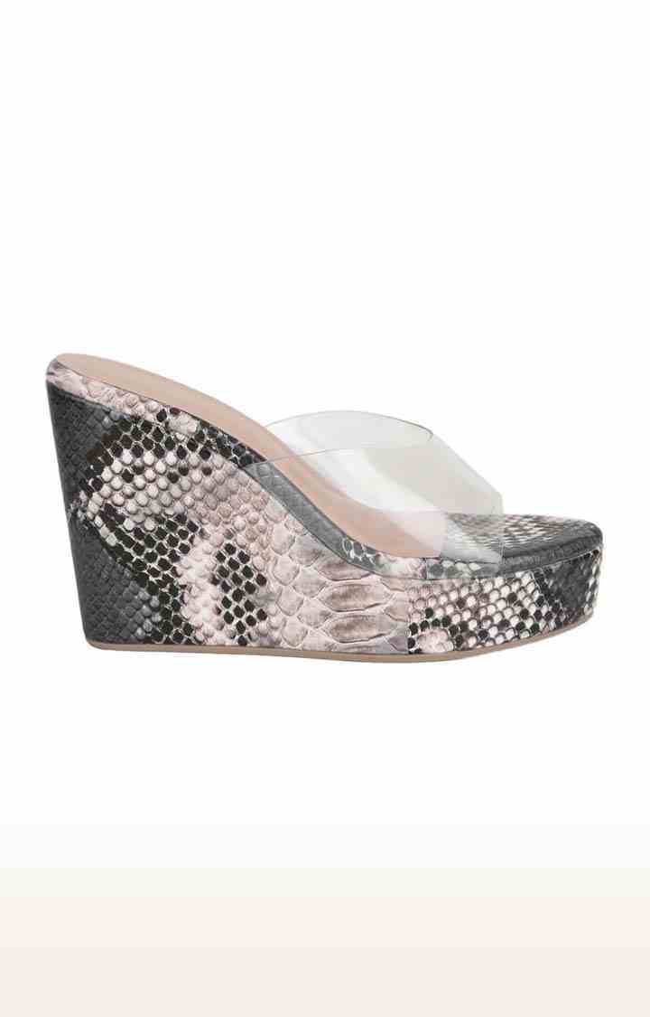 Women's Black PU Printed Slip On Wedges