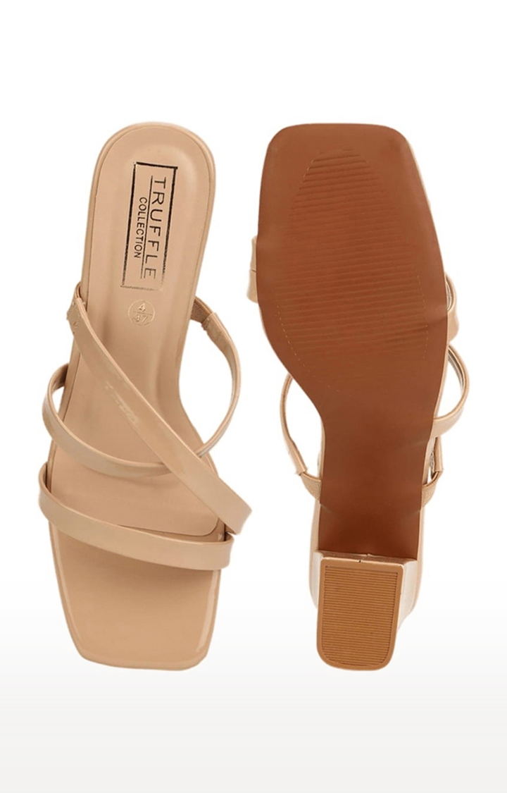 Truffle Collection | Women's Beige PU Solid Slip On Block Heels 3
