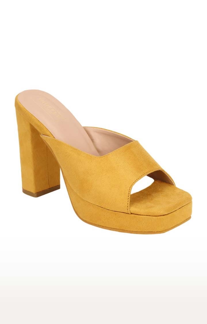 Women's Yellow Suede Solid Slip On Block Heels