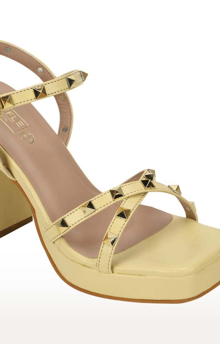Truffle Collection | Women's Yellow PU Embellished Buckle Block Heels 4