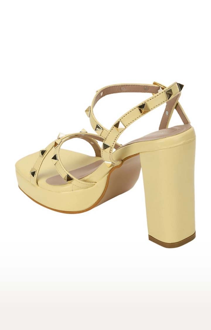 Truffle Collection | Women's Yellow PU Embellished Buckle Block Heels 2