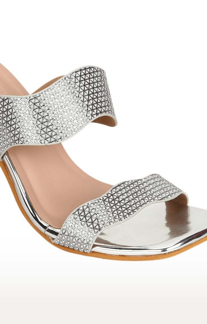 Women's Silver Synthetic Textured Slip On Block Heels