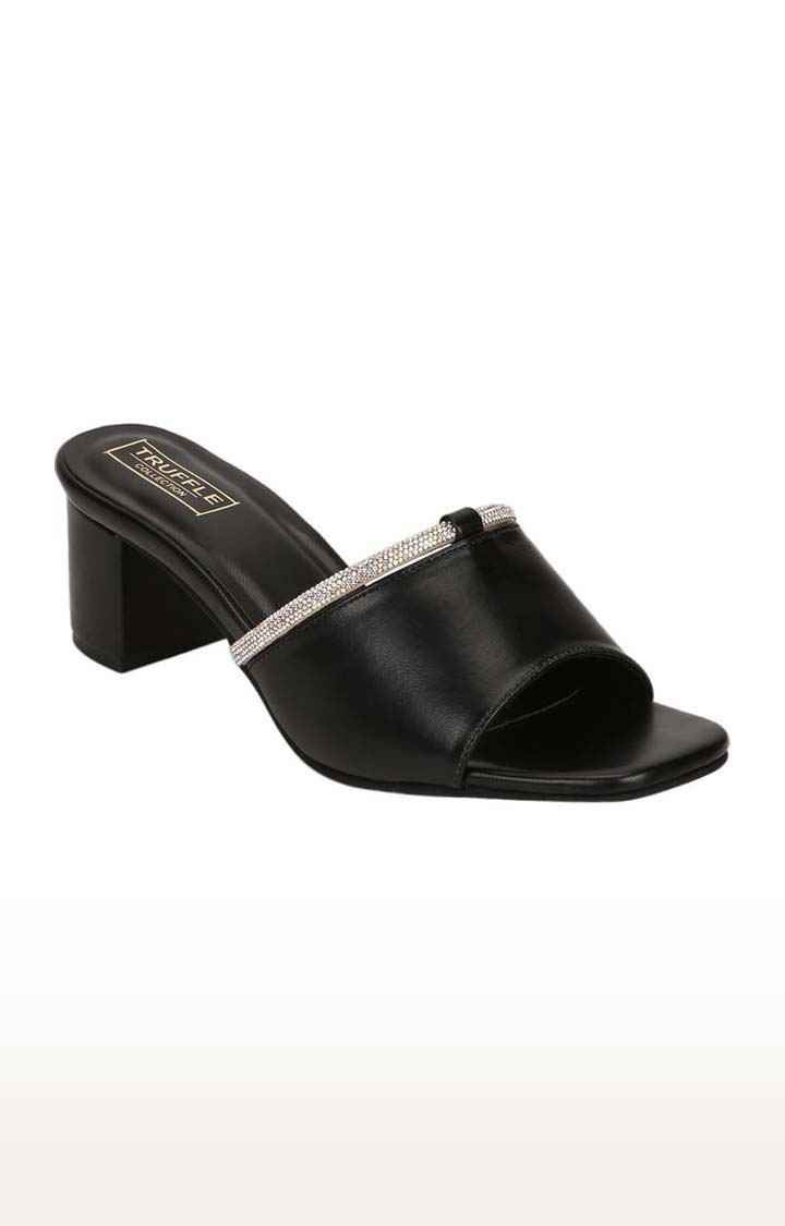 Truffle Collection | Women's Black PU Solid Slip On Block Heels 0