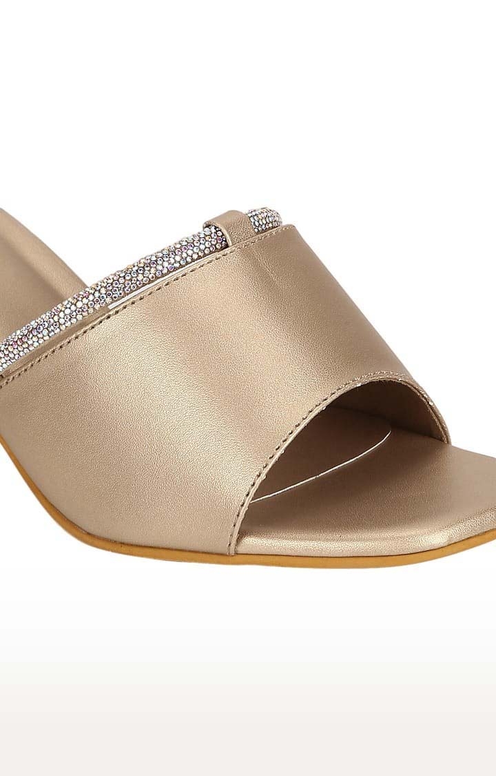 Truffle Collection | Women's Gold PU Embellished Slip On Block Heels 4