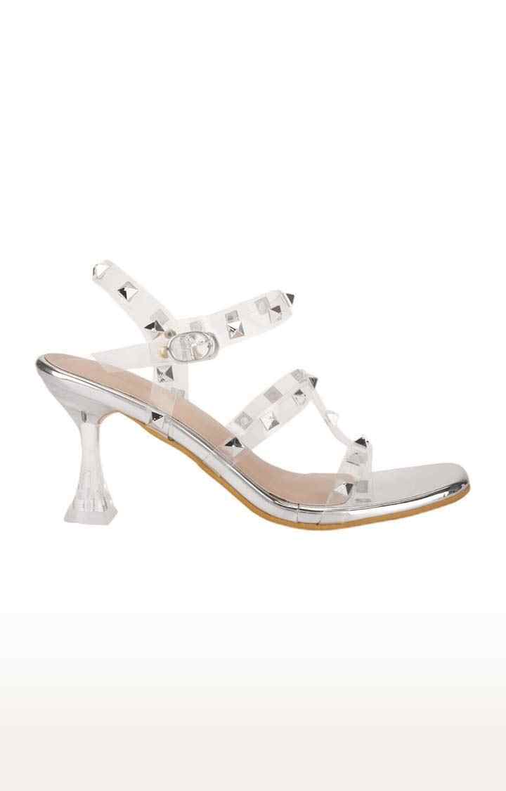 Women's Silver Synthetic Embellished Buckle Kitten Heels