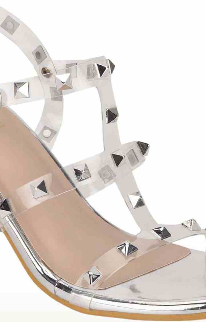 Women's Silver Synthetic Embellished Buckle Kitten Heels