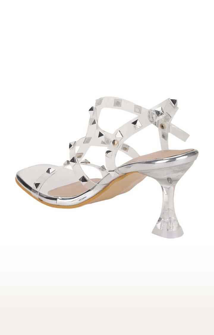 Women's Silver Synthetic Embellished Buckle Kitten Heels