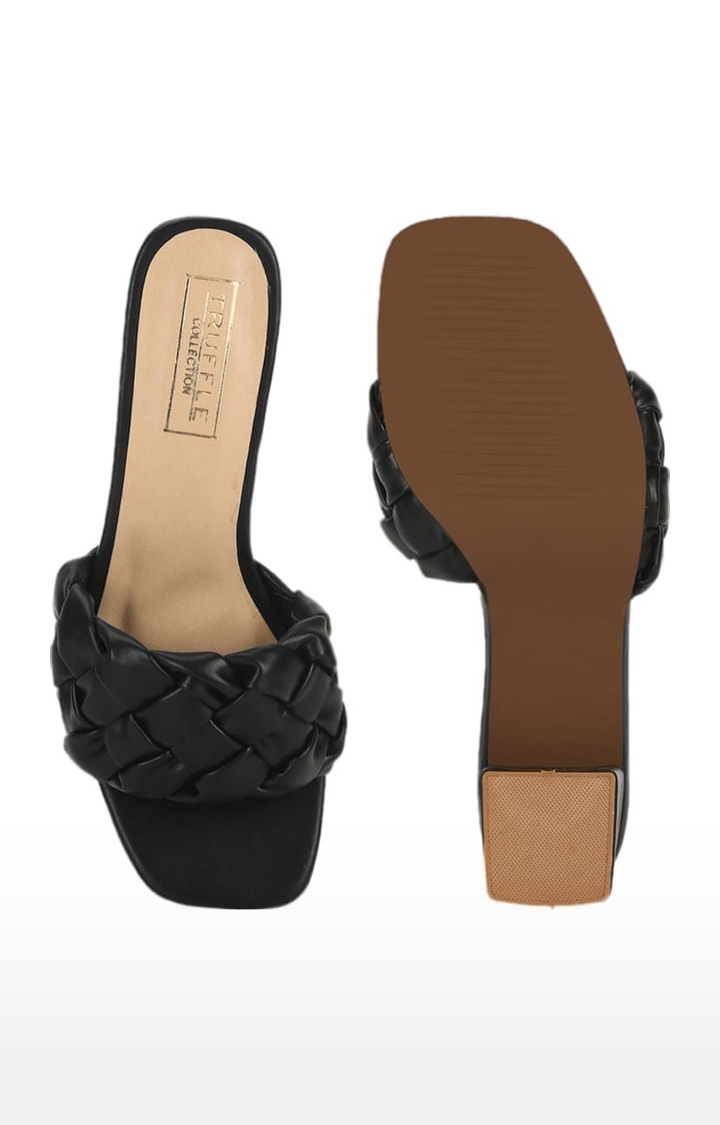 Truffle Collection | Women's Black PU Quilted Slip On Block Heels 3
