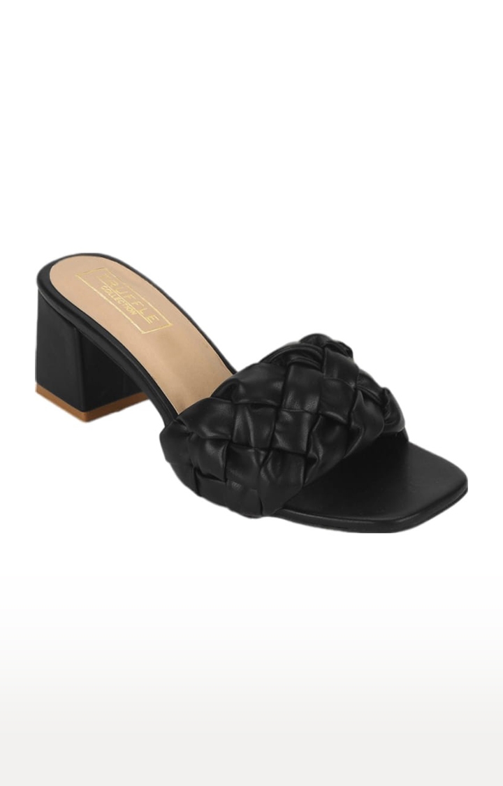 Truffle Collection | Women's Black PU Quilted Slip On Block Heels 0