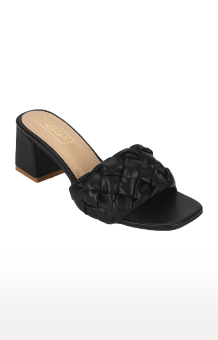 Women's Black PU Quilted Slip On Block Heels