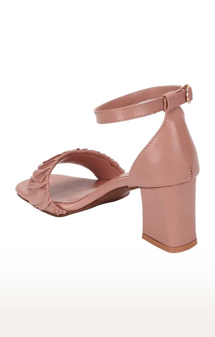 Truffle Collection | Women's Pink PU Solid Buckle Block Heels 2