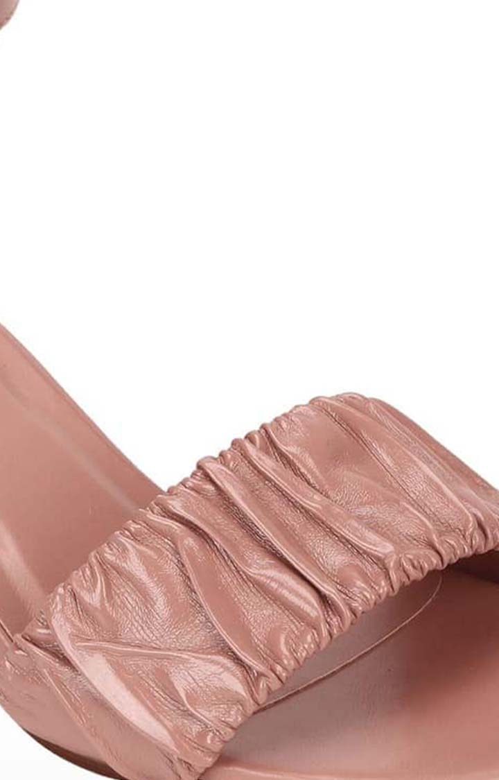 Truffle Collection | Women's Pink PU Solid Buckle Block Heels 4