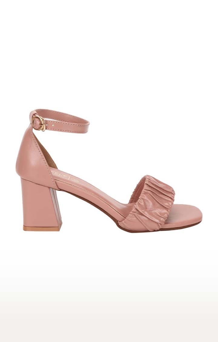 Truffle Collection | Women's Pink PU Solid Buckle Block Heels 1