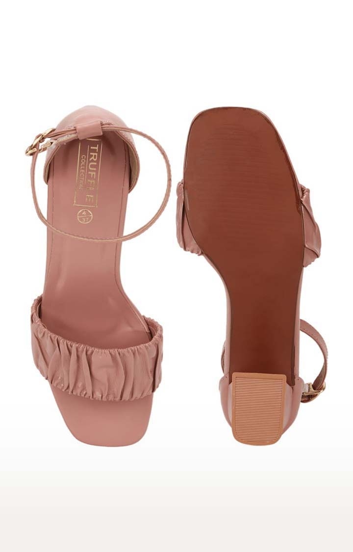Truffle Collection | Women's Pink PU Solid Buckle Block Heels 3